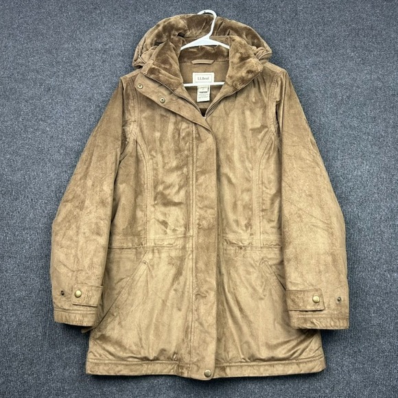 L.L. Bean Jackets & Blazers - LL Bean Women's Small Faux Suede Hooded Jacket Brown Plush Full Zip Snaps